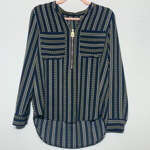 Michael Kors long sleeves hi-lo top MK chain ropes pattern Navy size Medium